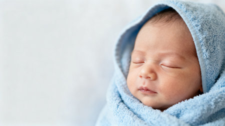 Newborn baby wrapped in blue towelの素材