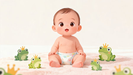 Baby with cartoon frogsの素材