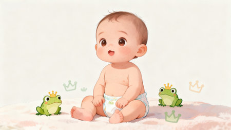Baby with cartoon frogsの素材
