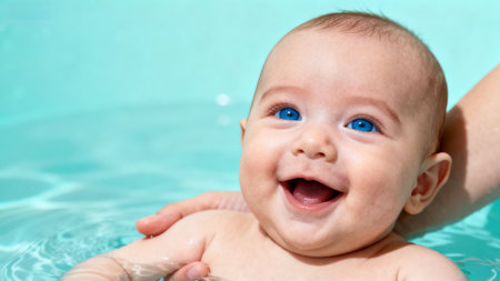 Smiling baby in swimming poolの素材