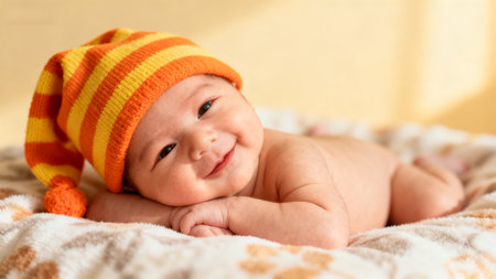 Smiling baby wearing striped hatの素材