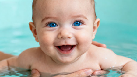 Smiling baby with blue eyes in waterの素材