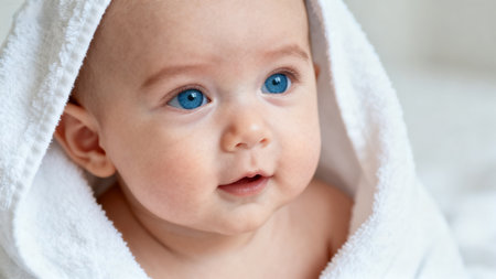 Baby wrapped in a white towelの素材