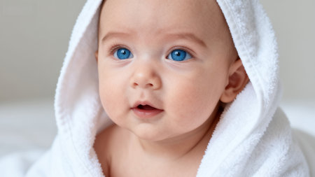 Baby wrapped in white towel with blue eyesの素材