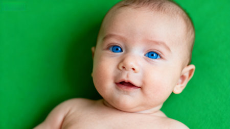Baby with blue eyes on green backgroundの素材