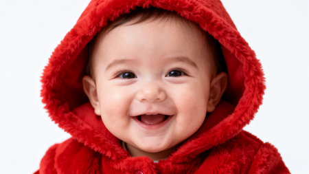 Smiling baby in red hooded garmentの素材