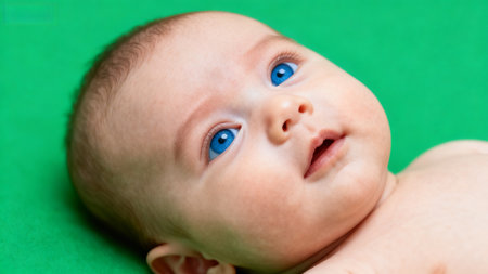 Baby with blue eyes on green backgroundの素材