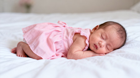 Baby in pink dress sleeping on bedの素材