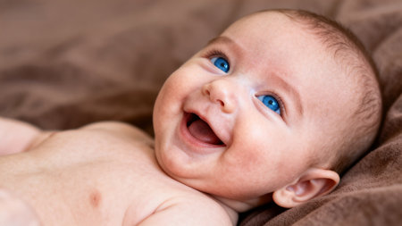 Smiling baby with blue eyesの素材