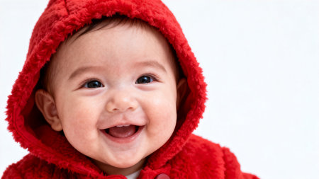 Smiling baby in red hooded garmentの素材