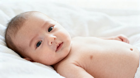 Newborn baby lying on white fabricの素材