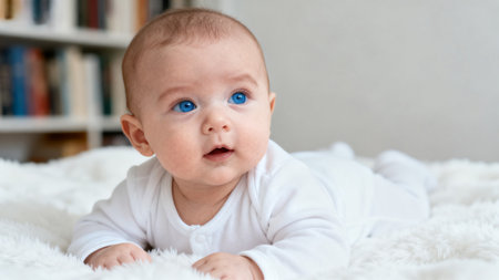 Baby with blue eyes lying on bedの素材