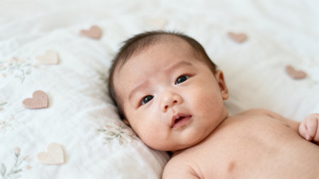 Baby lying on heart patterned blanketの素材