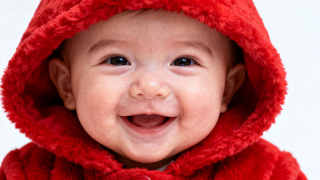 Smiling baby in red hooded garmentの素材