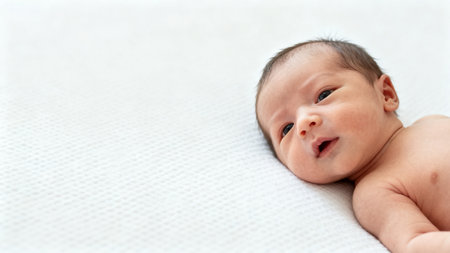 Newborn baby lying on white surfaceの素材