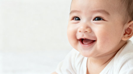 Smiling baby with open mouthの素材