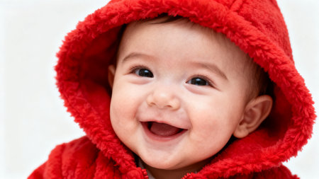 Smiling baby in red hooded garmentの素材