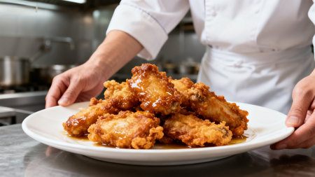 Chef presenting fried chicken wingsの素材