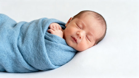 Newborn baby wrapped in blue blanketの素材
