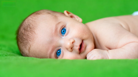 Baby with blue eyes on green backgroundの素材