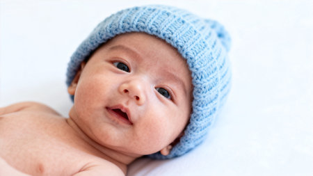 Baby wearing blue knit hatの素材