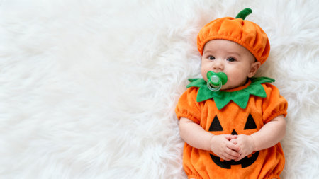 Baby dressed as pumpkin with pacifierの素材