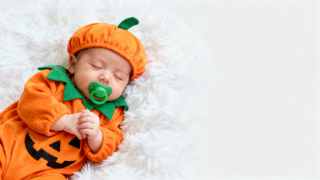 Baby in pumpkin costume sleepingの素材