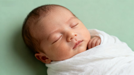 Newborn baby sleeping wrapped in white clothの素材