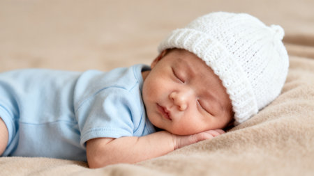 Newborn baby sleeping with white hatの素材