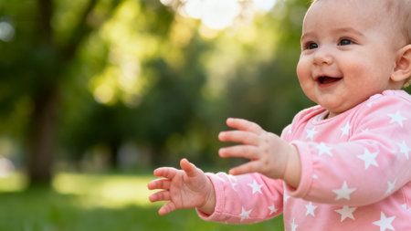 Smiling baby in pink star outfit outdoorsの素材