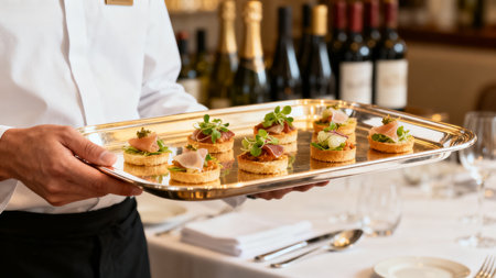 Server holding tray of appetizersの素材