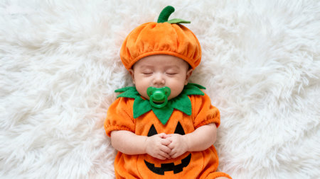 Baby in pumpkin costume sleepingの素材