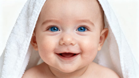 Smiling baby wrapped in towelの素材