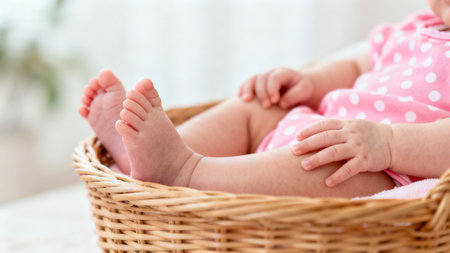 Closeup of babies feet in basketの素材
