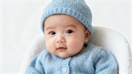 Baby wearing blue knit hat and outfitの素材