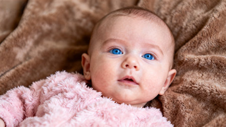 Baby with blue eyes lying on brown blanketの素材