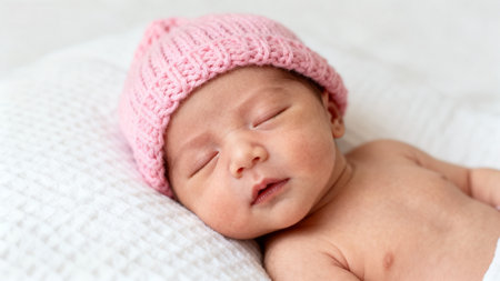 Baby wearing pink knit hat sleepingの素材