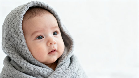 Baby wrapped in gray hooded blanketの素材