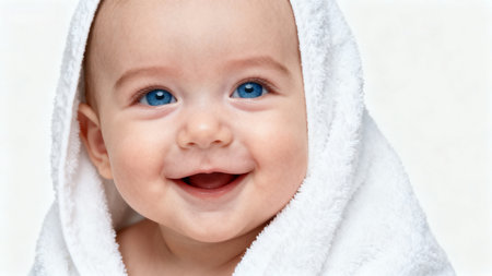 Smiling baby wrapped in towelの素材