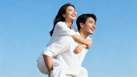 Smiling couple enjoying piggyback rideの素材