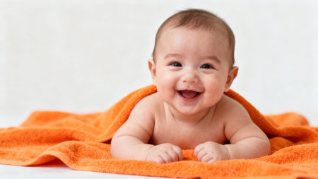 Smiling baby wrapped in orange towelの素材