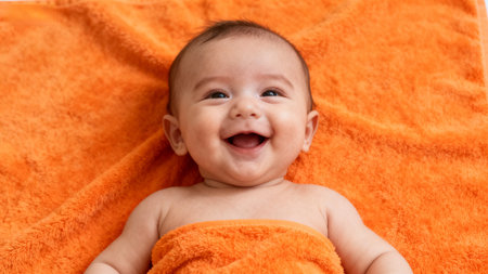 Smiling baby on orange towelの素材