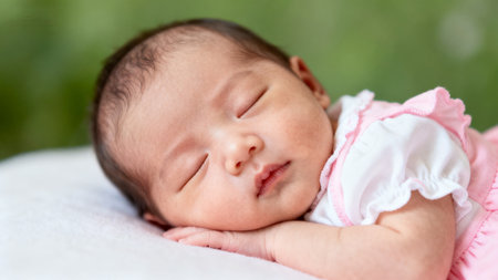 Newborn baby sleeping in pink outfitの素材