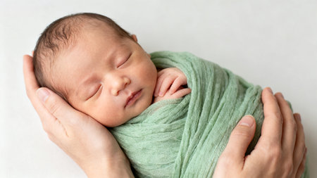 Newborn baby wrapped in green clothの素材