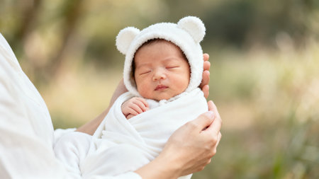 Newborn baby in bear hat being heldの素材