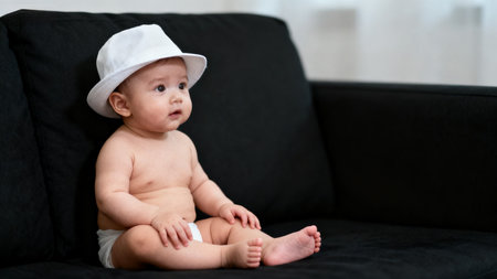 Baby wearing white hat on black couchの素材