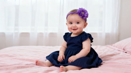 Baby girl in purple dress and headbandの素材