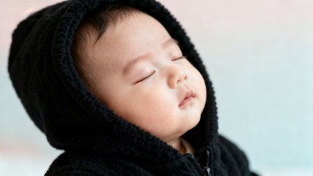 Baby sleeping in black hooded garmentの素材