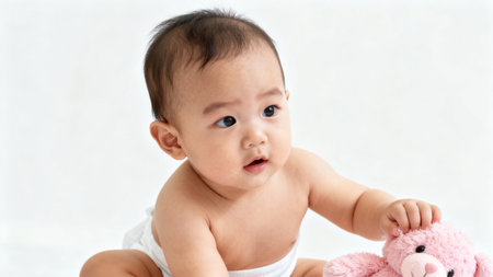 Baby holding teddy bearの素材