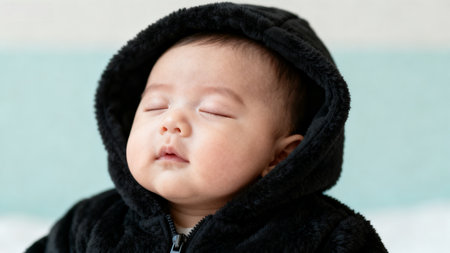 Baby sleeping in black hooded garmentの素材